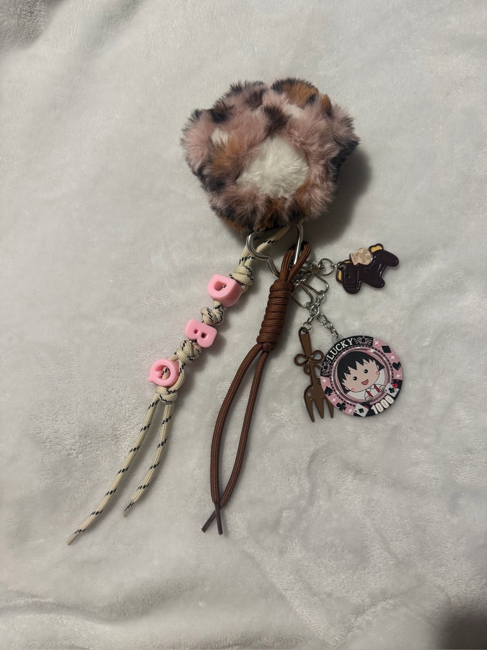 Pink Character Pom Pom Paw Keychain with Charms